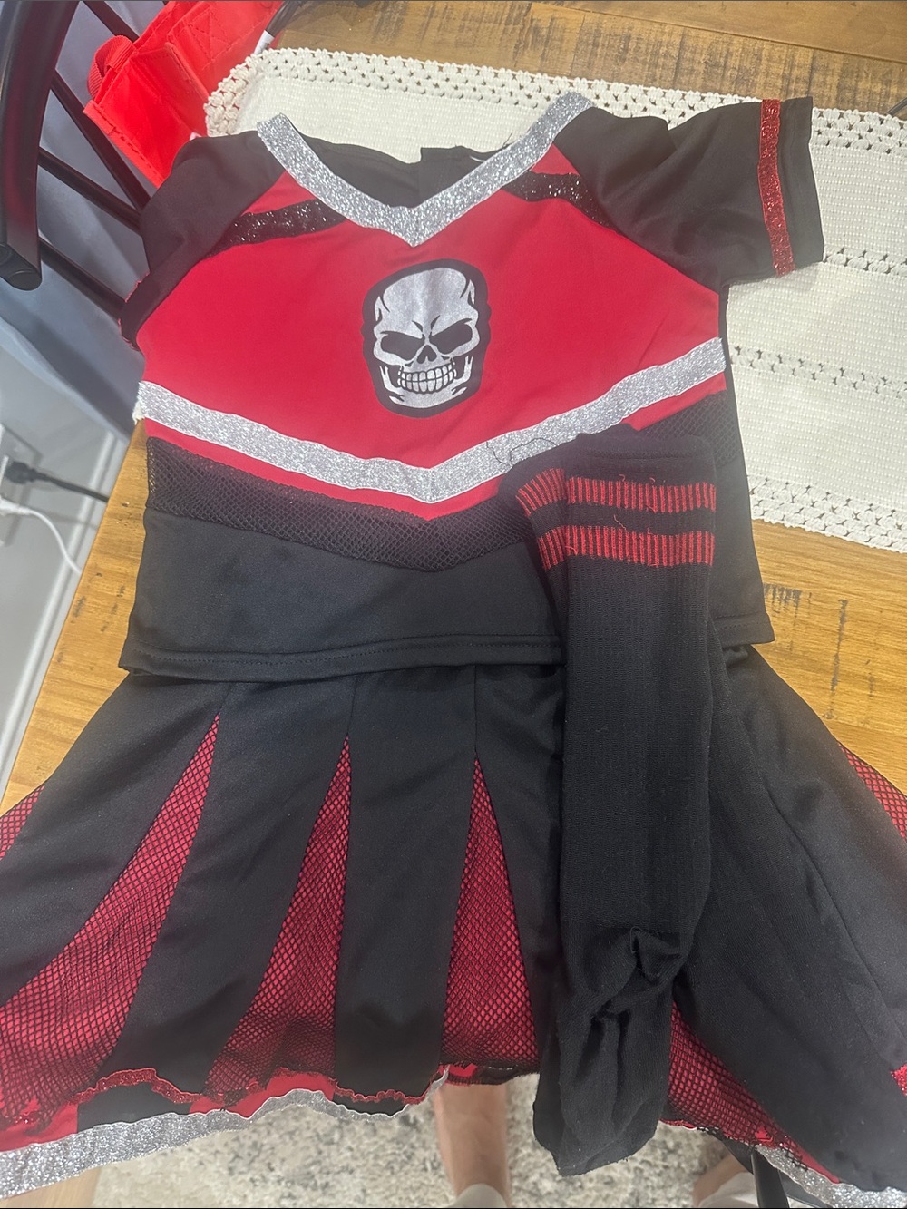 Amazon Red & Black Skull Cheer Costume with Silver Trim with Pom poms
